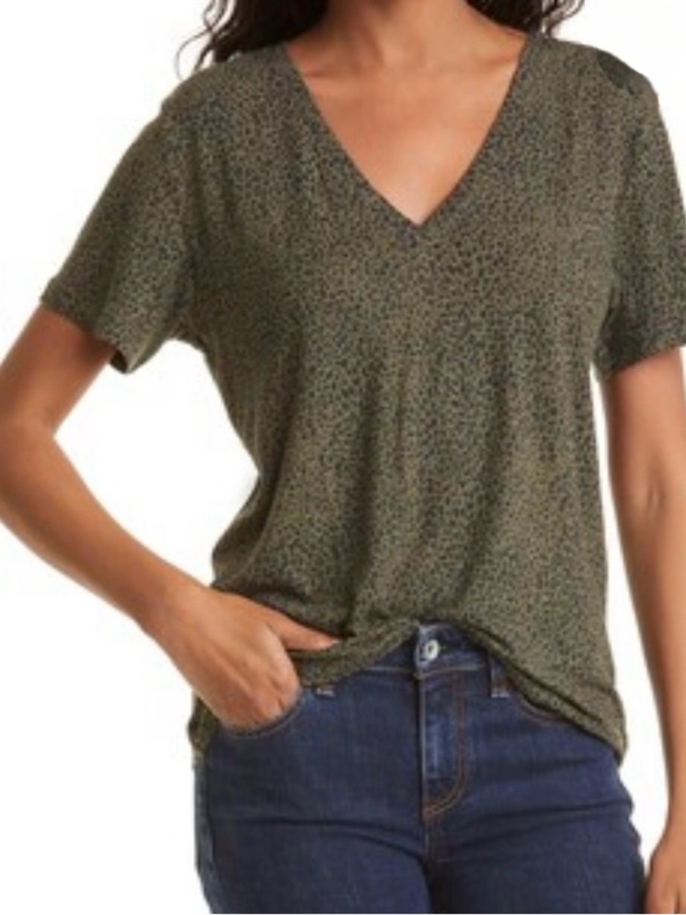 Rails - Women's Cara spotted lmilitary green  V-Neck Short Sleeve shirt - linen